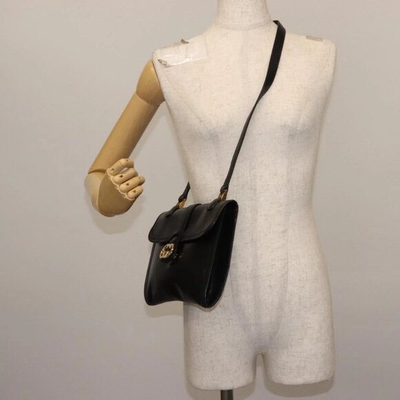 GUCCI Interlocking Shoulder Bag Leather Black Gold Auth fm4898 - Picture 1 of 16